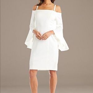 OFF-THE-SHOULDER CREPE RUFFLE DRESS